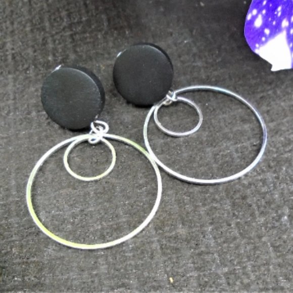 2/$20 Circle dangle earrings, drop box chain extra long earrings, hoops on chain - Picture 3 of 5